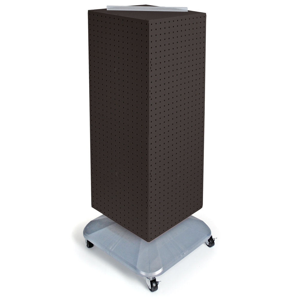 Four-Sided Pegboard Tower Floor Display on Revolving Wheeled Base. Spinner Rack Stand. Panel 