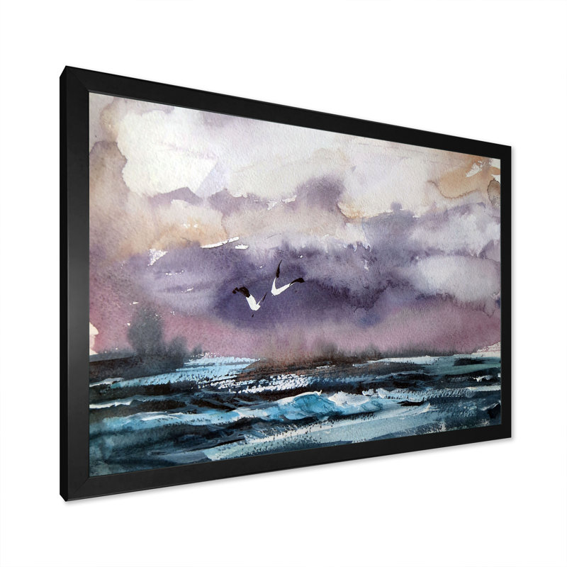 Vague et goélands - Peinture sur toile, H 8 po x l 12 po x P 1 po, Cadre photo noir