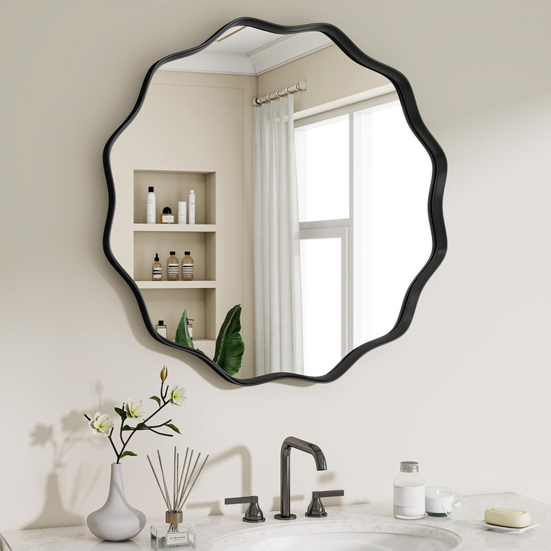 Wavy Round Bathroom Wall Mounted Mirror Vanity  Makeup Mirror with Deep Frame, 20" x 20", Black