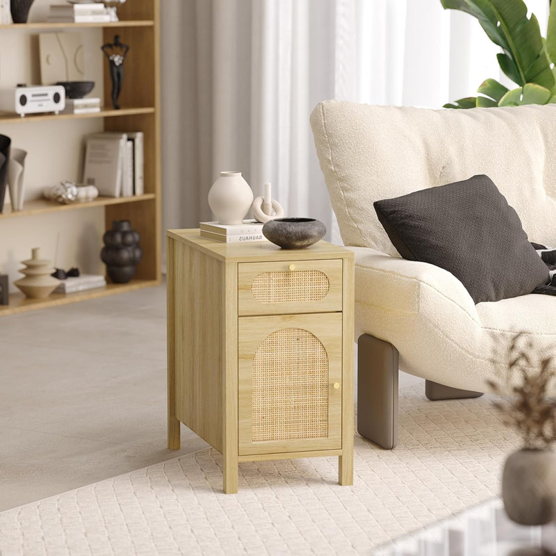 Oak Wood Rattan Side Table With Drawer, Cabinet And Power Outlet