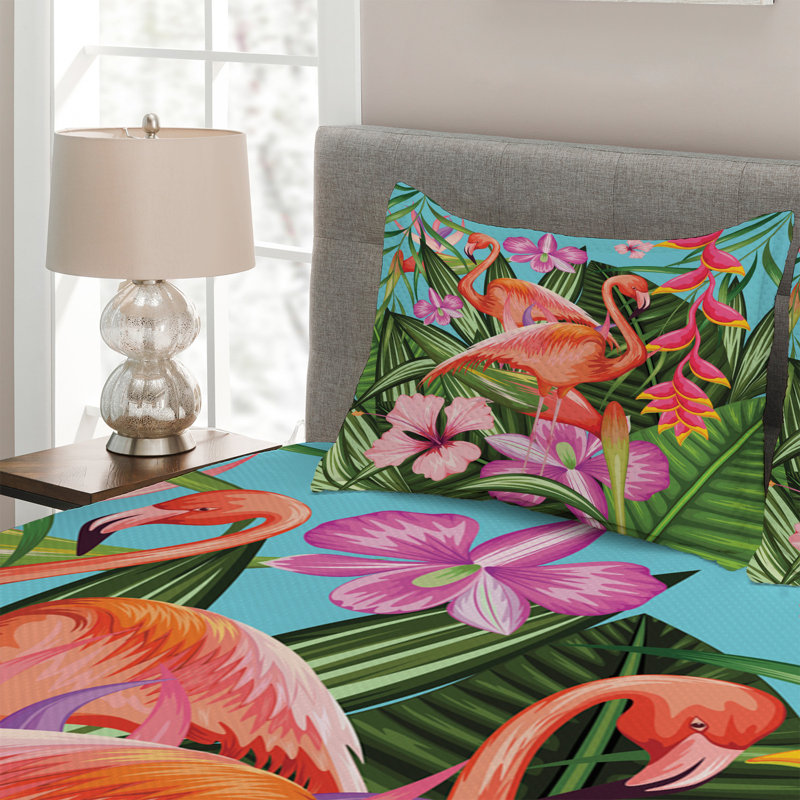 King Multicolor Flamingo Microfiber Quilted Bedspread Set