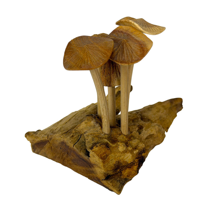 Sculpture de champignon en bois sur une base en racine, naturelle, 11,5 cm de hauteur