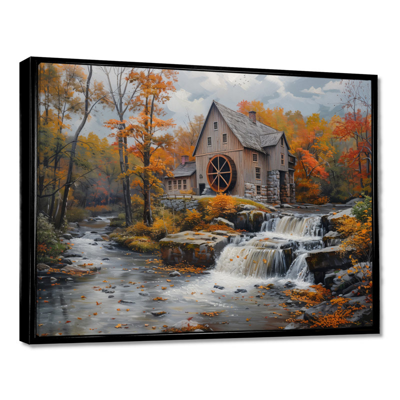 Automne brun et blanc, photo architecturale de moulins - art mural Mills, Cadre flottant noir, bois massif, H 24 po x l 32 po
