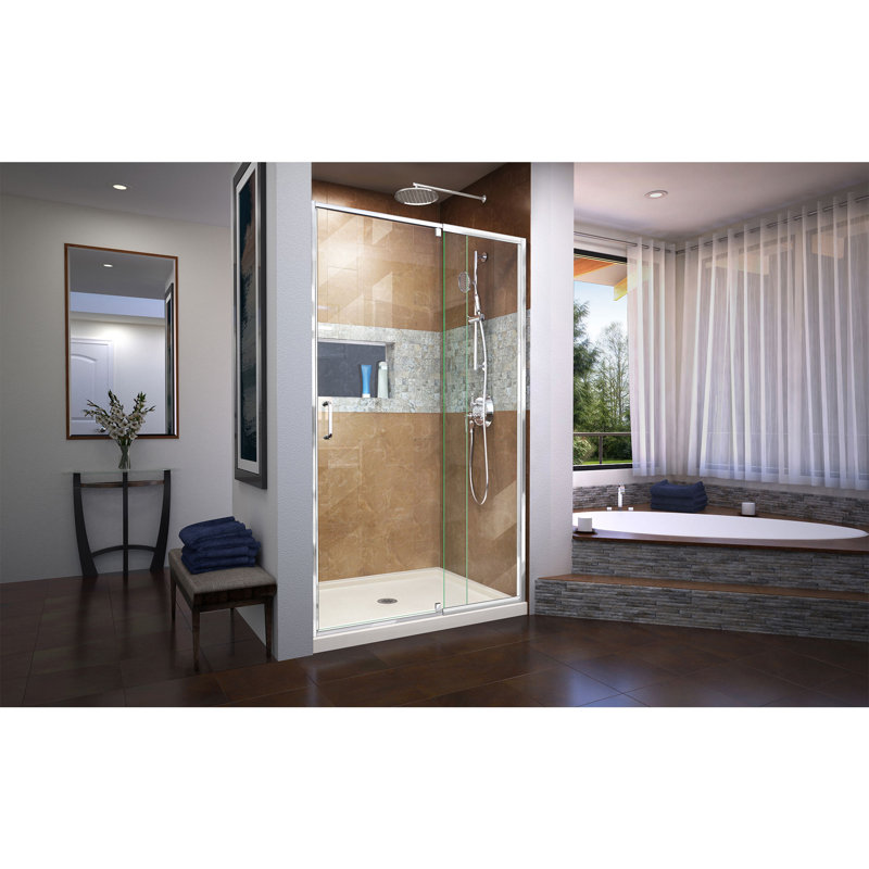 Flex 42" x 74.75" Rectangle Pivot Shower Door with Base Included, Biscuit, Chrome