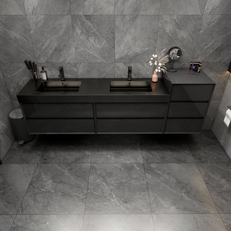 Meuble-lavabo double mural 78,5 po avec plateau en métal Kayleena, Noir lustré