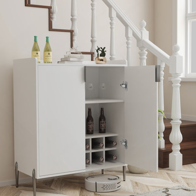 Armoire de bar à vin 2 portes avec support à vin et tablette de rangement réglable, buffet moderne avec charnière à fermeture douce, armoire de salle à manger, armoire à liqueur, cuisine, chariot de café pour le salon, blanc