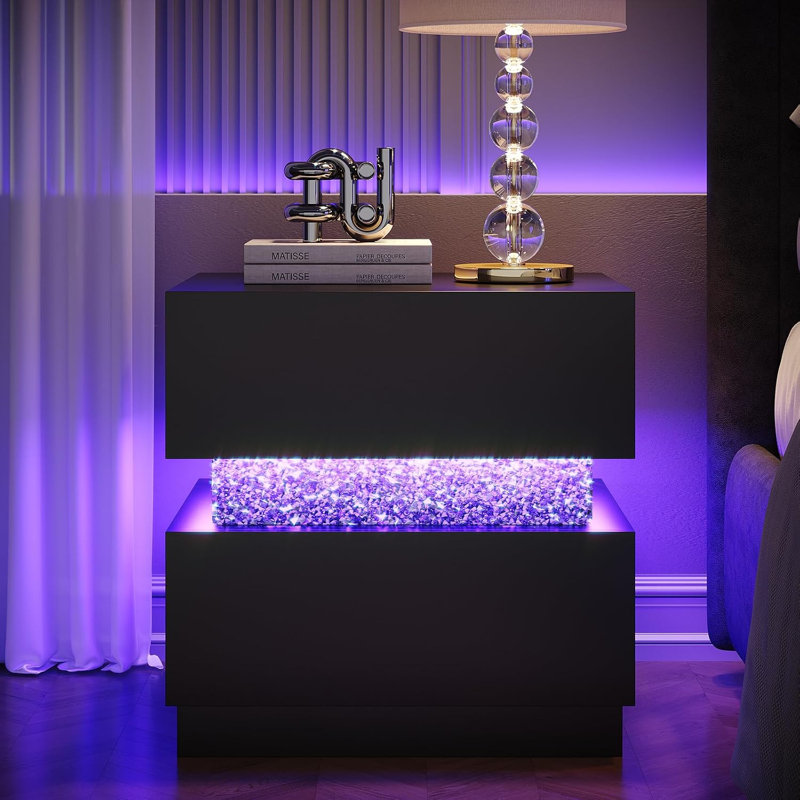 Table de chevet moderne à 2 tiroirs avec éclairage DEL RVB et panneau décoratif en cristal, Black, 1