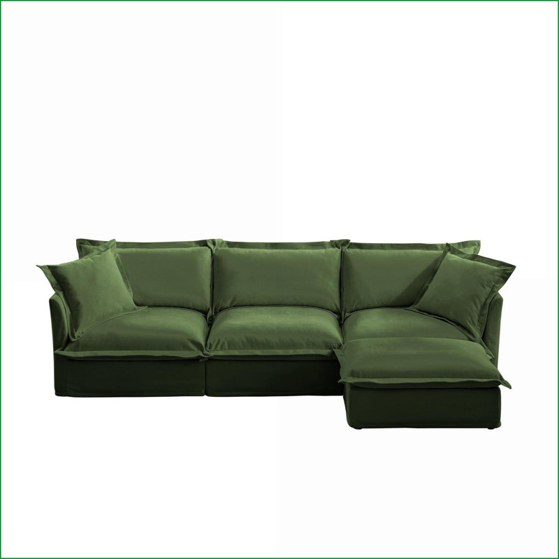 Canapé modulaire en L avec housse en L et repose-pieds modulaire 2 coussins pour le salon | Vert sauge | Chenille