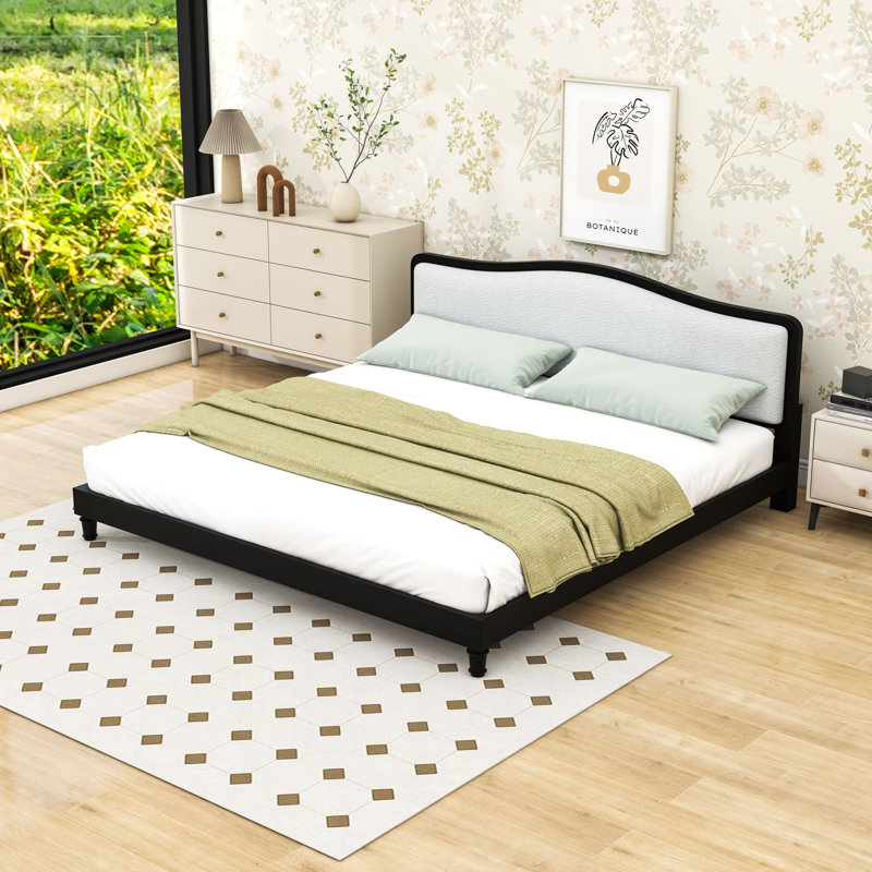 Lit plateforme en bois avec tête de lit tapissier, Très grand lit, Noir / blanc