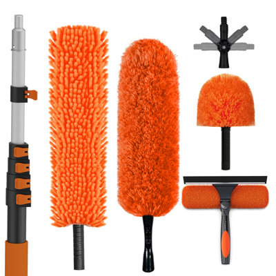 24FT High Ceiling Duster Kit, Window Cleaning kit with 5-24FT Extension Pole, Fan Duster for Ceiling Fan Blades, Microfiber Feather Duster, Rotatable Window Squeegee and Cobweb Duster