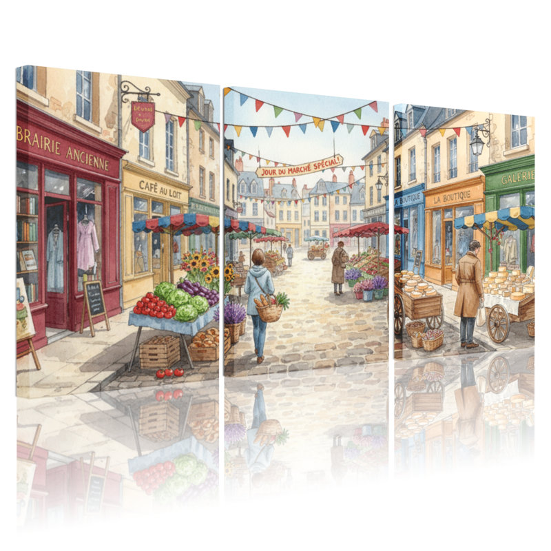 Scénario et paysage urbain, marché français, scène de rue, ensemble de 3 impressions sur toile, H 30 po x l 60 po