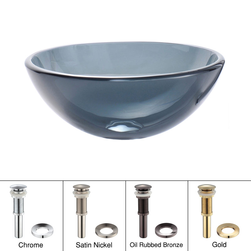 Kraus 14 Inch Clear Glass Vessel Sink in Clear Black with Pop-Up Drain, Clear Black, Chrome