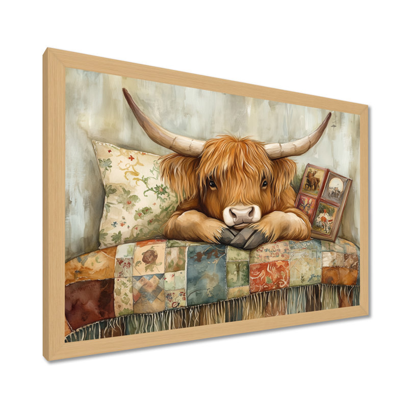 Quilted Highland Rest - Affiche encadrée représentant une vache, H 12 po x l 20 po, Cadre naturel
