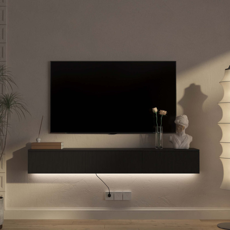 Floating TV Stand Wall Mounted With 16 Color Leds, Black, 9.17" H x 64.9" W x 11.8" D