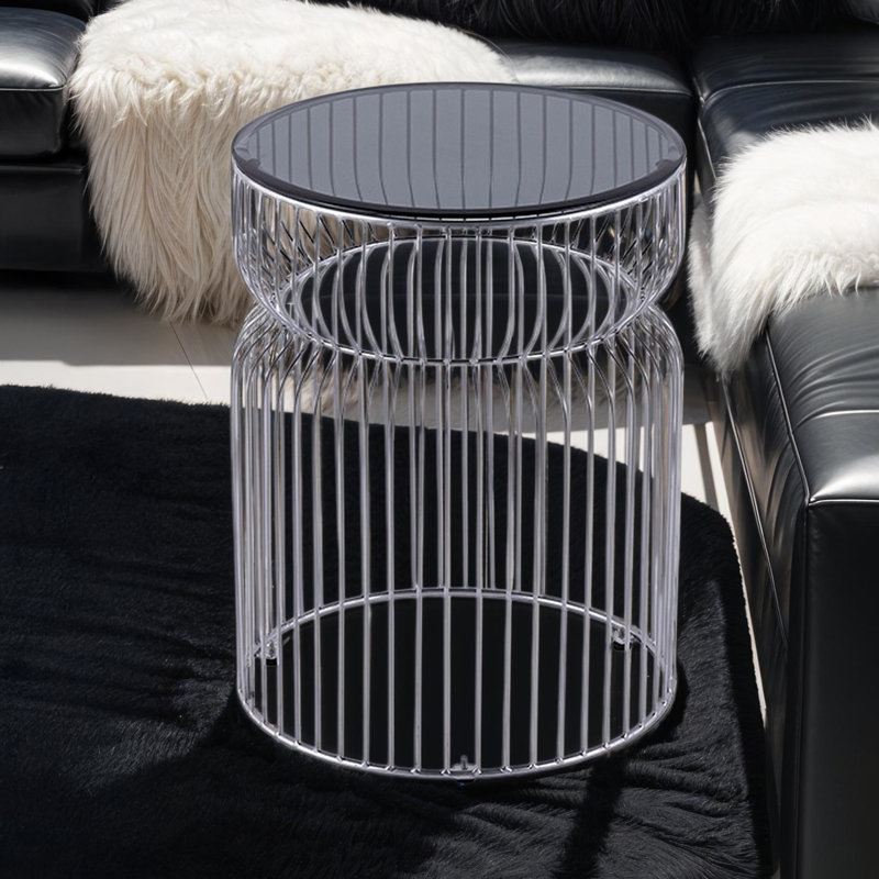 Table de bout - Plateau en verre avec base en métal, Argent argent