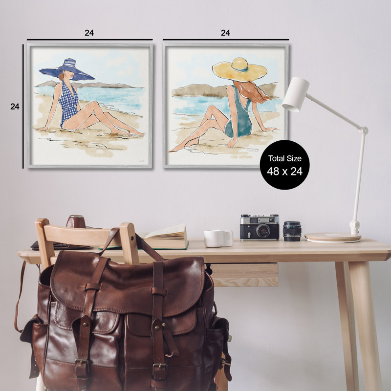  Bathing Beauties on Beach 2 PC Giclee Art Set by Anne Tavoletti, H 24 po x l 24 po, Estampe numérique Farmhouse