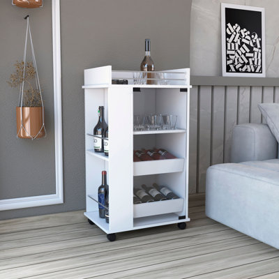 Lansing Bar Cart with Glass Door, 6 shelves and Casters, Living Room