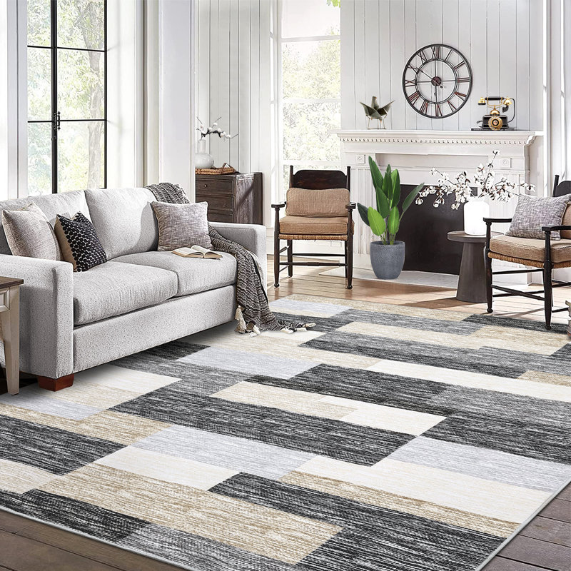 Geometric Machine Washable Area Rug with Rubber Backing for Living Room Plaid Non-Slip Rug Modern Indoor Carpet Non-Shedding Rug for Bedroom Dining Room Hallway Kitchen Office Playroom Nursery