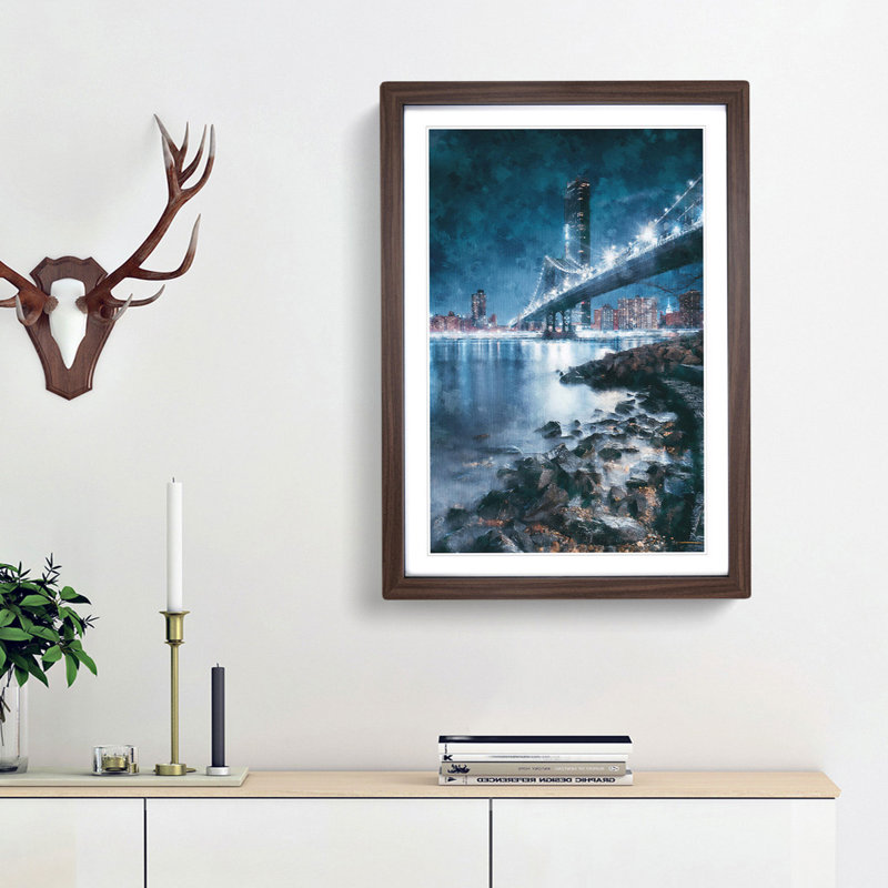 The Brooklyn Bridge in New York - Picture Frame Graphic Art Print, Walnut Framed, 63cm H x 45cm W x 2cm D