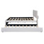 Lit plateforme tapissier pleine grandeur avec tête de lit à motif brique, gigogne simple et 2 tiroirs, tissu en lin-114677629