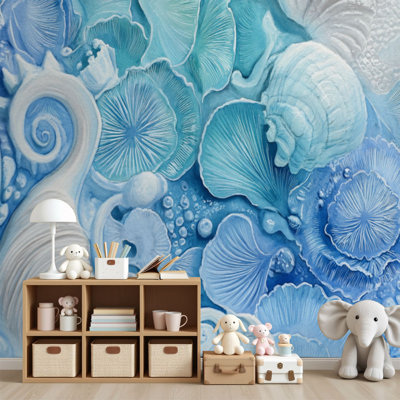 Papier peint à peler et coller Faune, coquillages, étoile de mer bleue moderne, coquillages, corail, pièces murales, H 69 po x l 96 po, papier peint amovible en PVC, autocollant, pour chambre à coucher, bureau à domicile