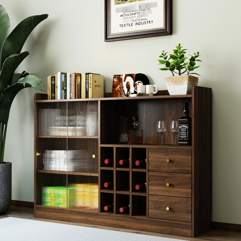 Buffet élégant et spacieux avec portes coulissantes en verre, idéal pour les espaces de rangement, bon rangement, couleur noyer, panneau de particules + espace