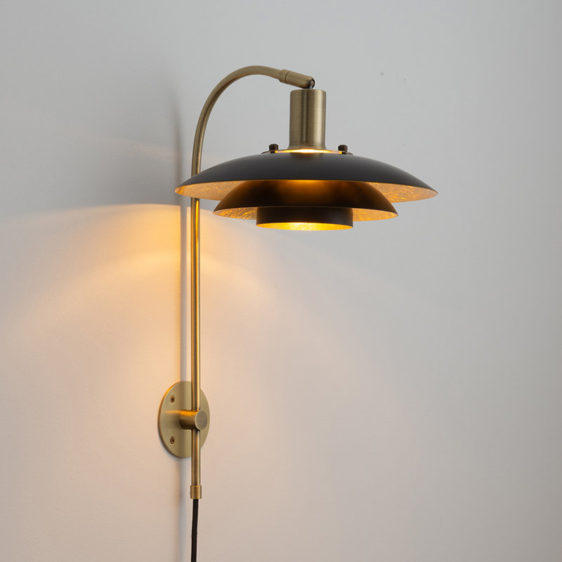 Rancho Mirage Wall Sconce - Matte Black & Gold-Leaf Shade, Weathered Brass, Plug-in