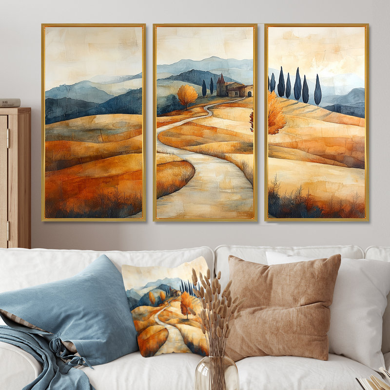 Ensemble de salon orange «Orange Path To The Farm In Autumn I», Toile avec cadre flottant or, H 28 po x l 36 po x P 1 po