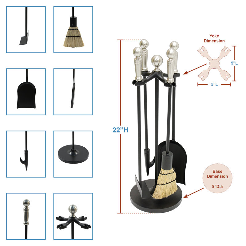 Ensemble d’outils de cheminée en fer 5 pièces Sohail, Poignées en nickel satiné