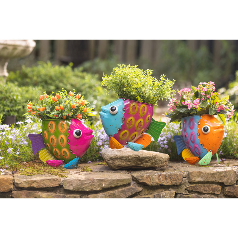 Colorful Metal Fish Indoor/Outdoor Planter Set of 3