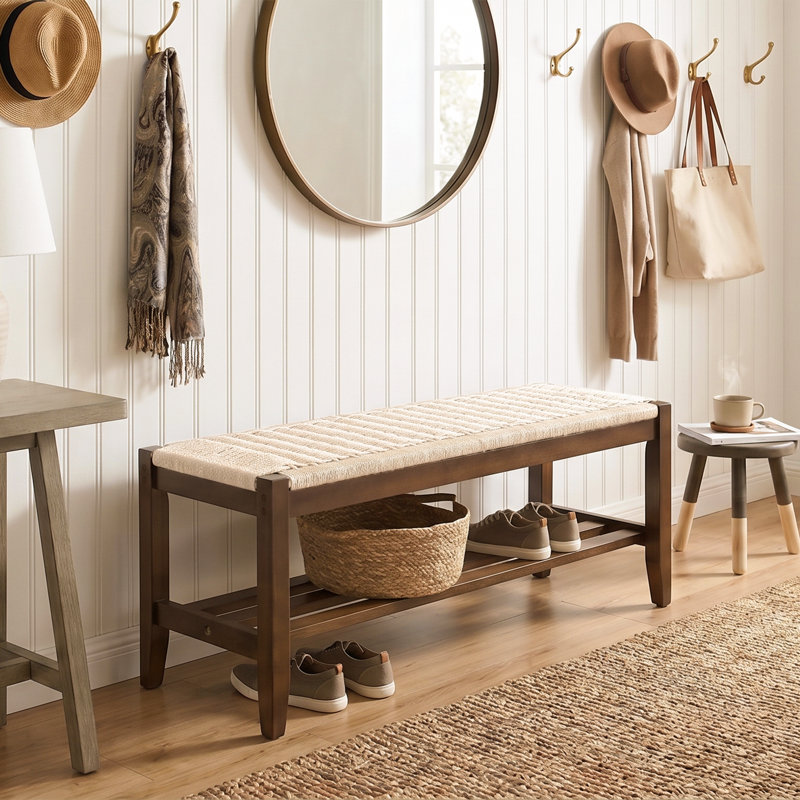 Banc à chaussures 40 po en noyer avec étagère de rangement, banc en bois massif