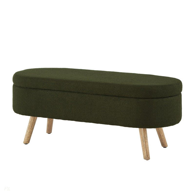 Luxury Oval Boucle Storage Ottoman Bench With Wood Legs 350Lb Weight Capacity & Safety Hinge, For Living Room, Bedroom Entryway