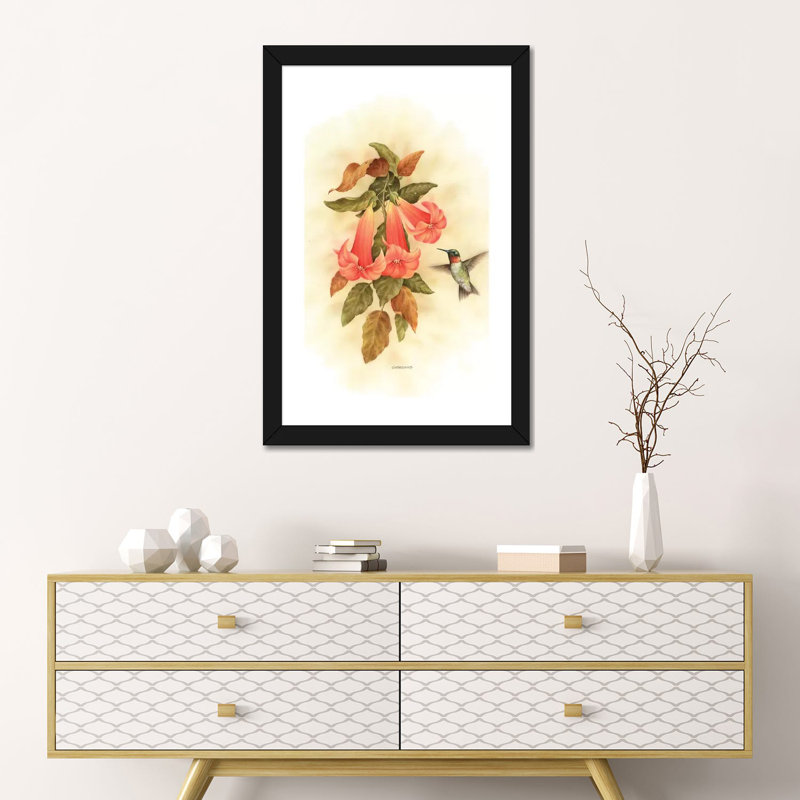 Hummingbird Delight - impression d'art graphique, Blanc, H 24 po x l 16 po x P 1 po, Papier encadré noir