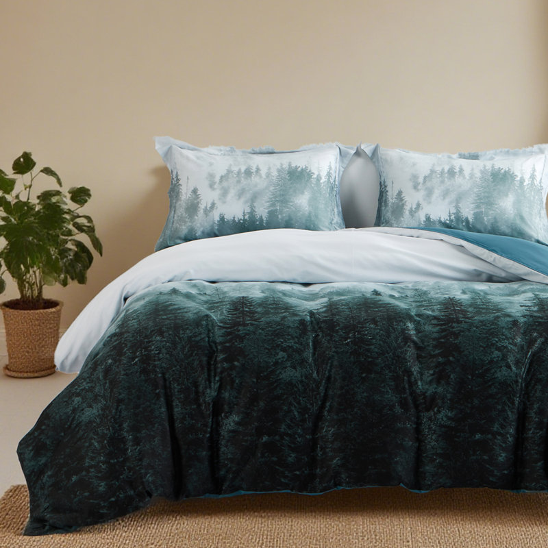 Nerissa Luxury 100% Long Staple Cotton Mountain Duvet Cover – Blue Green Gradient Forest Print, OEKO-TEX Certified, Silky Sateen Weave for Dreamy Comfort