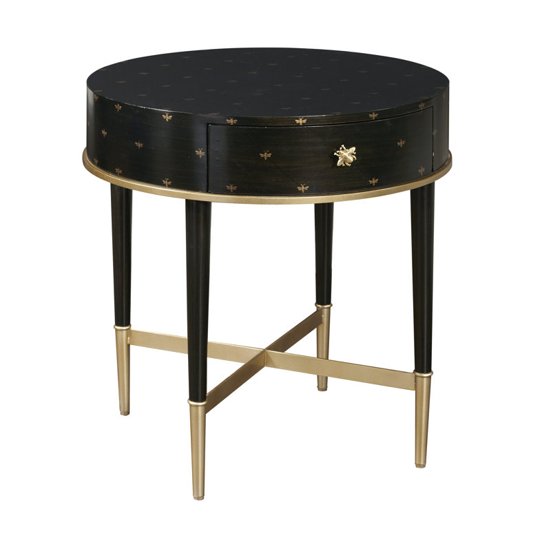 Gold and Black Round Wood Metal Accent Table with Storage
