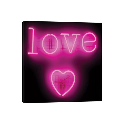 Neon Love Heart Pink On Black by Hailey Carr - Wrapped Canvas Print