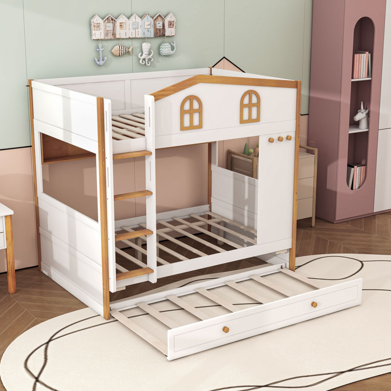 Wooden Bunk Bed with Trundle, Shelves and Guardrails, Lit superposé double sur double