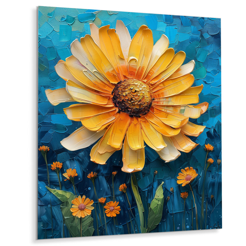 Fleur de pissenlit jaune et bleu en fleurs I - Dandelion Wall Art Living Room, Métal métal, H 20 po x l 12 po x P 1 po