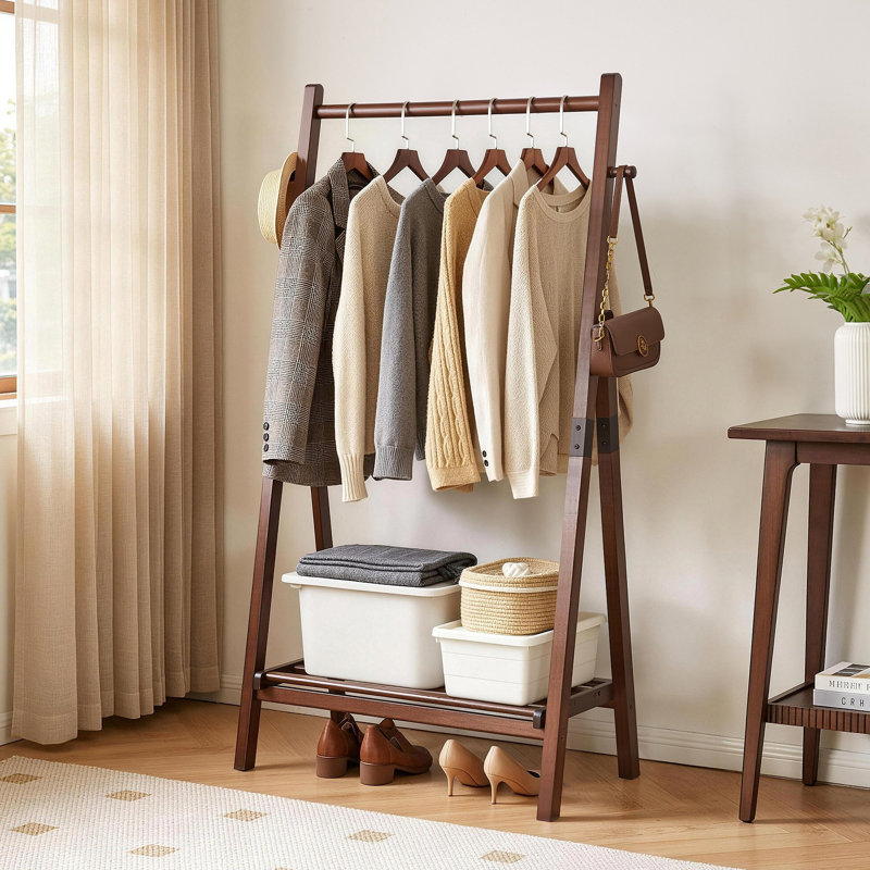 Heavy‑Duty Solid Wood Freestanding Clothes Rack, A‑Shaped Garment Hanger Stand with Bottom Storage Shelf & Side Hooks, Clothing Display Rack