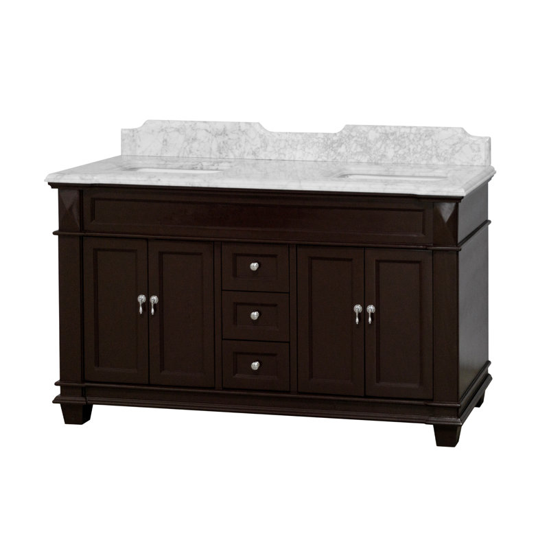 Ensemble de meuble-lavabo double 60 po Ensa, Chocolat, Marbre de Carrare