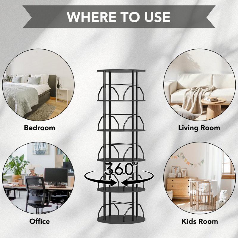 Rotating 360° Bookshelf Tower, Stackable Spinning Bookcase, Space‑Saving Revolving Round Shelf, Floor Standing Swivel Corner Organizer