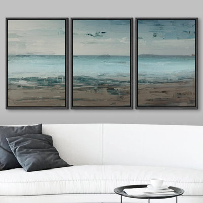 «Grunge Teal and Brown Beach Shoreline Landscape Geometric Ocean Minimalisme numérique nautique», impression sur toile 3 pièces