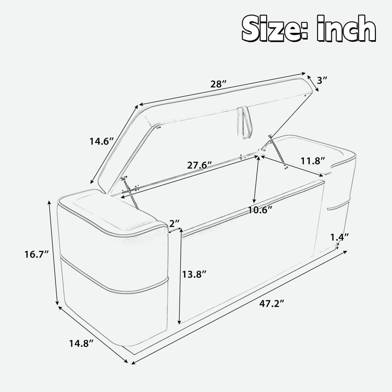 Banc ottoman moderne rembourré avec compartiment de rangement dissimulé, couvercle rabattable et bandes décoratives en métal doré