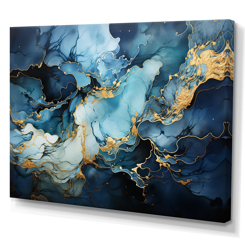 «Blue and Gold Abstract Hurricane I» sur toile, Toile tendue, H 16 po x l 32 po x P 1 po