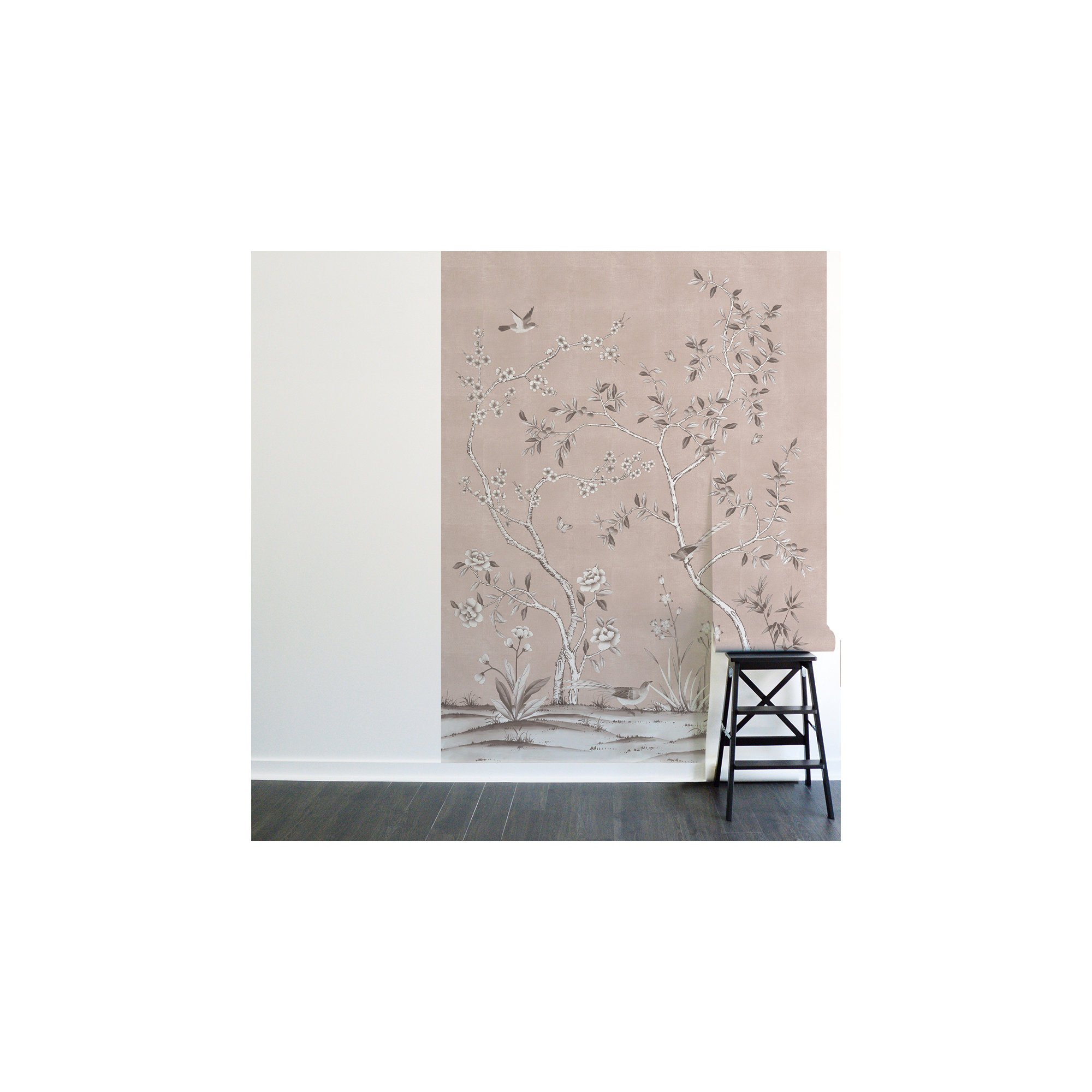 Metallic Garden Chinoiserie Vinyl Peel and Stick Wall Mural 3 Panel Mural, Blush