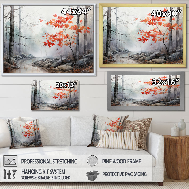 Art mural sur toile, "Red Forest", Cadre doré à une seule photo, H 24 po x l 32 po x P 1 po