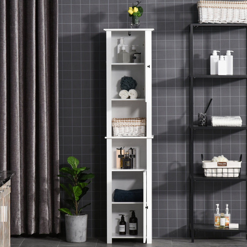 Grande armoire de rangement autoportante pour salle de bain - 2 tablettes et 2 armoires en lin blanc avec rangement au sol étroit de style moderne pour la décoration intérieure
