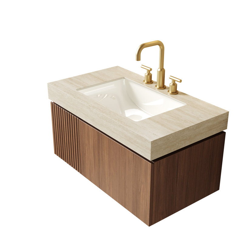 Meuble-lavabo de salle de bain avec plateau en pierre frittée et lavabo en céramique