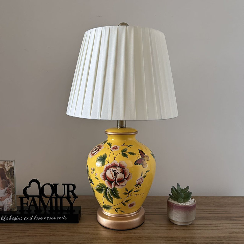 Yellow Ceramic Table Lamp Butterfly Flowers LED Blub Included 12"W*12"D*22"H