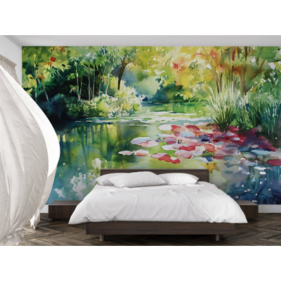 Watercolor Pond Landscape With Water Lilies Wallpaper – Tranquil Nature Forest Scene Wall Mural – Serene Botanical Wall Decor For Bedroom, Living Room Or Office Walls 